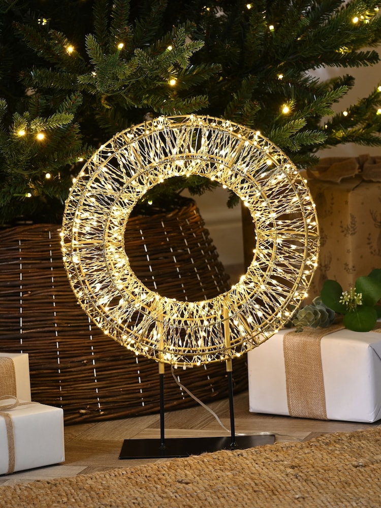 Festive 45cm Lit Gold Shimmer Warm White Wreath on Stand - Image 1 of 1