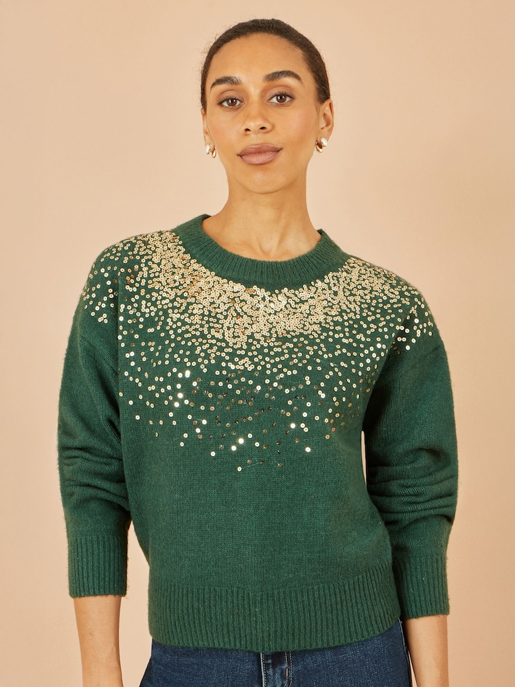 Yumi Green Relaxed Knitted Jumper With Scattered Sequin Neckline - Image 1 of 4 Yumi Green Relaxed Knitted Jumper With Scattered Sequin Neckline - Image 1 of 4