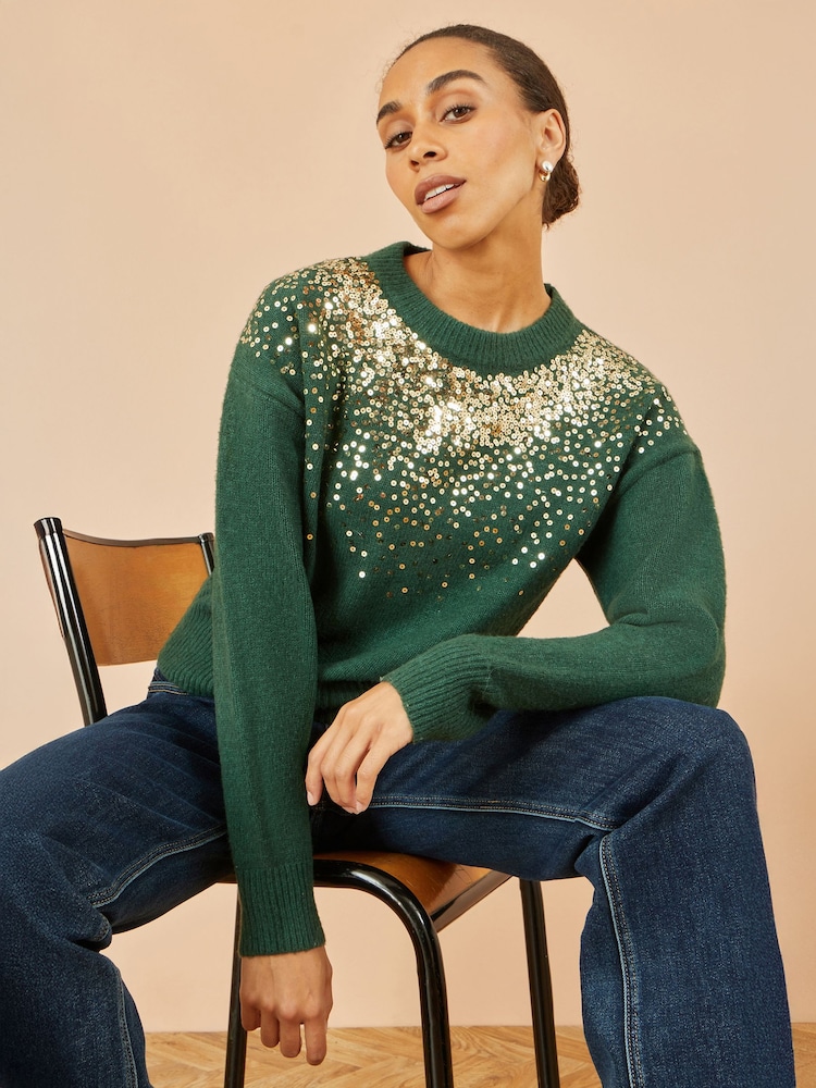 Yumi Green Relaxed Knitted Jumper With Scattered Sequin Neckline - Image 4 of 4 Yumi Green Relaxed Knitted Jumper With Scattered Sequin Neckline - Image 4 of 4