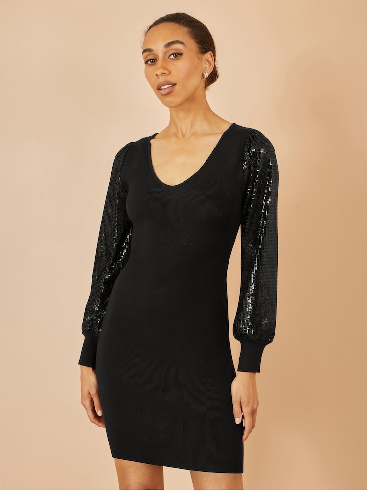 Yumi Women's Knitted Fitted Dress With Sequin Sleeves - Black Yumi Women's Knitted Fitted Dress With Sequin Sleeves - Black