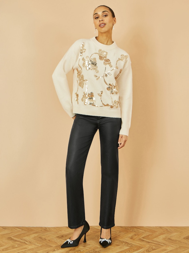 Yumi Cream Relaxed Knitted Jumper With Sequin Detail - Image 2 of 5 Yumi Cream Relaxed Knitted Jumper With Sequin Detail - Image 2 of 5