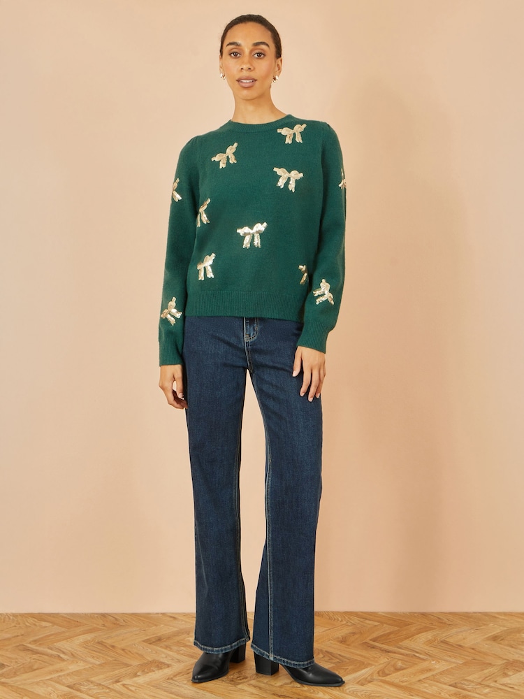 Yumi Green Sequin All Over Applique Bow Knitted Jumper - Image 2 of 4 Yumi Green Sequin All Over Applique Bow Knitted Jumper - Image 2 of 4