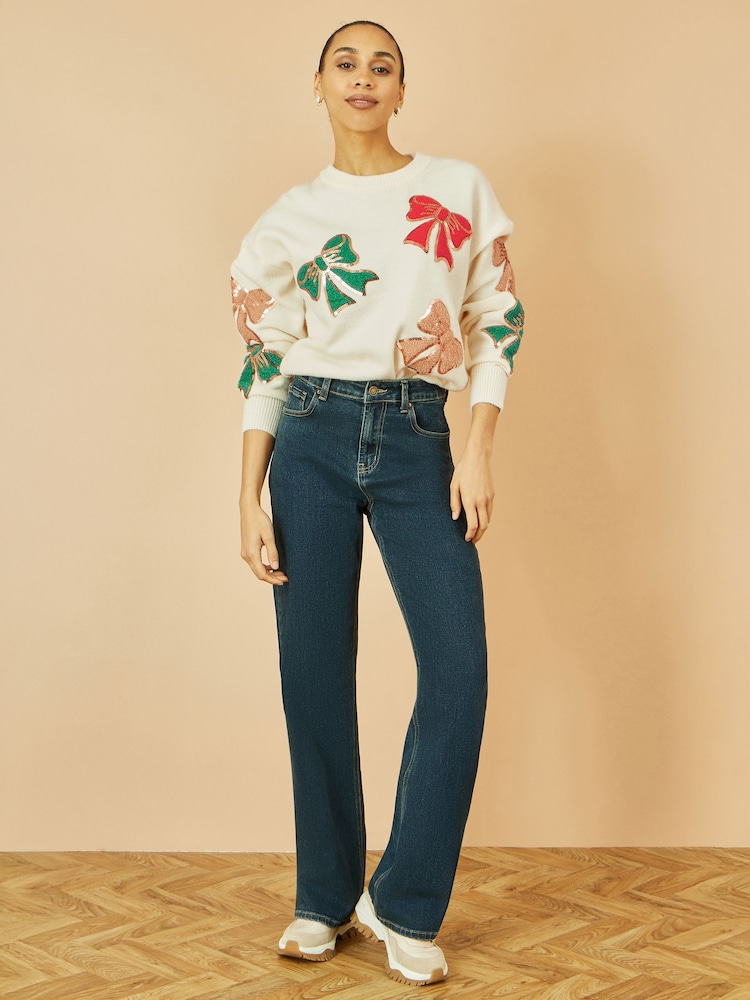 Yumi White Sequinned Bow Relaxed Fit Jumper - Image 2 of 5 Yumi White Sequinned Bow Relaxed Fit Jumper - Image 2 of 5