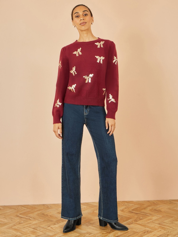 Yumi Red Sequin All Over Applique Bow Knitted Jumper - Image 2 of 5 Yumi Red Sequin All Over Applique Bow Knitted Jumper - Image 2 of 5