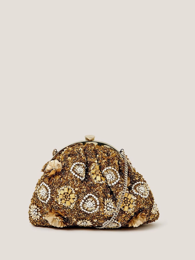 Monsoon Brown Lulu Flower Embellished Clutch Bag - Image 1 of 4 Monsoon Brown Lulu Flower Embellished Clutch Bag - Image 1 of 4