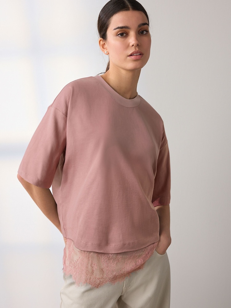 Pink Short Sleeve Lace Hem T-Shirt - Image 1 of 3