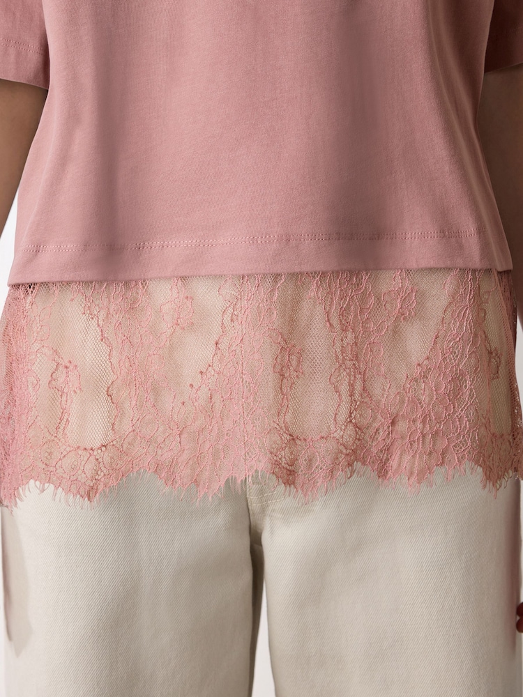 Pink Short Sleeve Lace Hem T-Shirt - Image 3 of 3