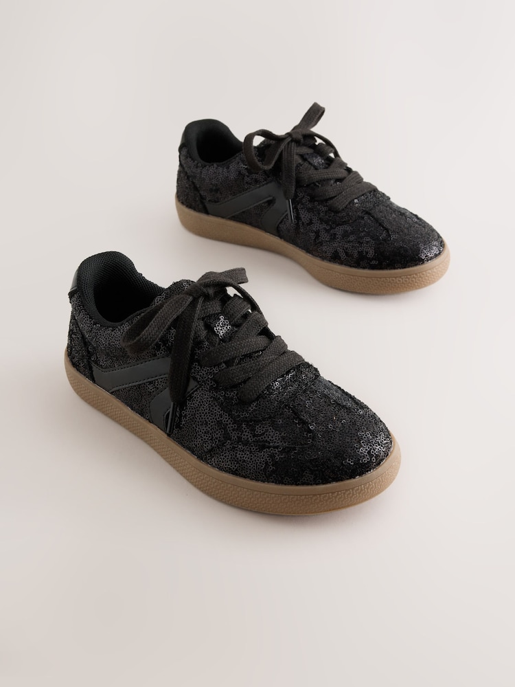 Black Sequin Standard Fit (F) Retro Trainers - Image 1 of 5