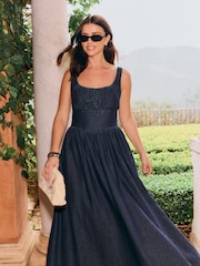 Friends Like These X Lucy Mecklenburgh Rinse Wash Gathered Waist Denim Midi Dress - Image 1 of 6