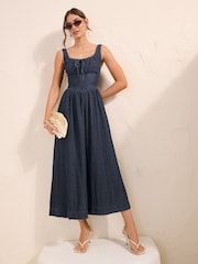 Friends Like These X Lucy Mecklenburgh Rinse Wash Gathered Waist Denim Midi Dress - Image 2 of 6