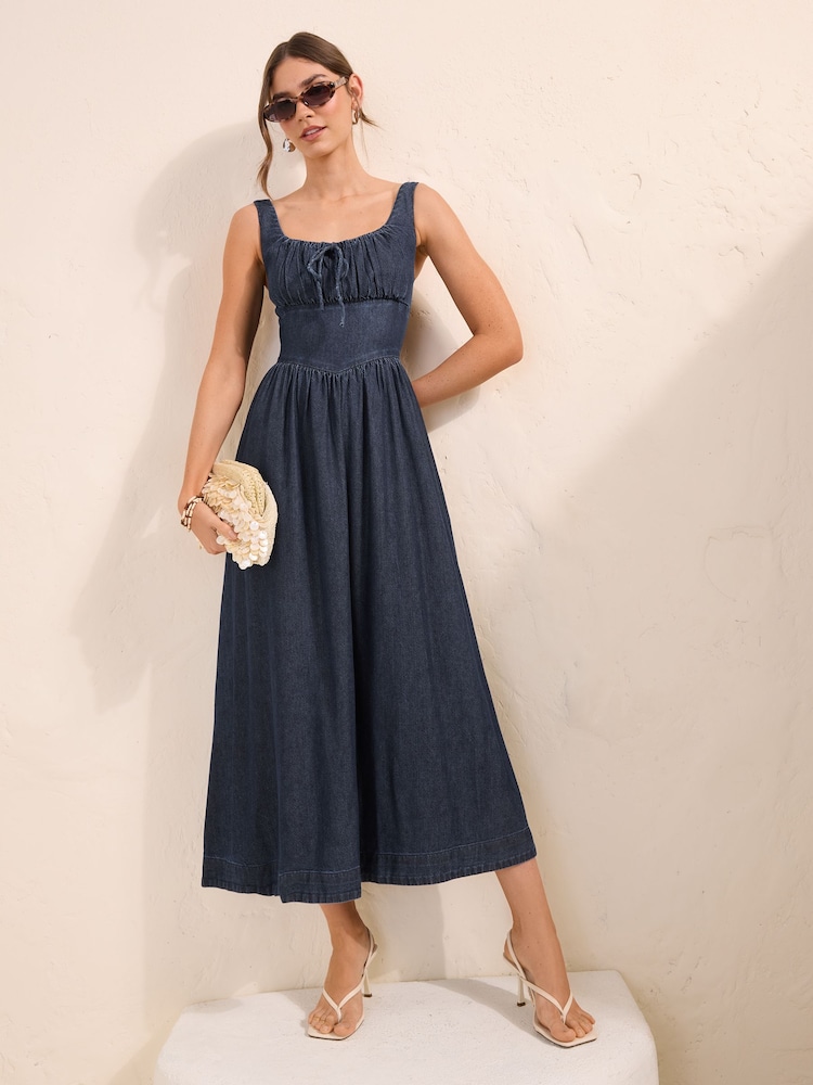 Friends Like These X Lucy Mecklenburgh Rinse Wash Gathered Waist Denim Midi Dress - Image 2 of 6