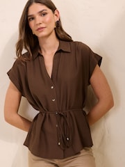 巧克力棕色 - Friends Like These Short Sleeve Tie Waist Shirt - 图片3 / 5