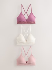 Pink/Lilac/Cream Non Padded Non Wire Cotton Ribbed Logo Bralettes 3 Pack - Image 1 of 7