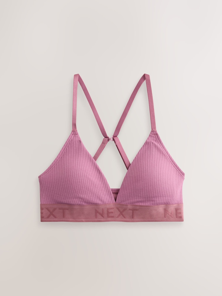 Pink/Lilac/Cream Non Padded Non Wire Cotton Ribbed Logo Bralettes 3 Pack - Image 2 of 7