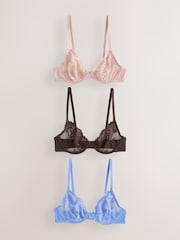 Chocolate/Pink/Blue Non Padded Full Cup Lace Bras 3 Pack (E76841) - Image 1 of 6