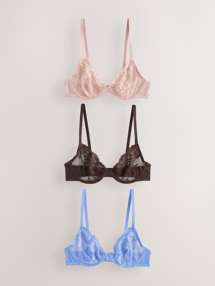 Chocolate/Pink/Blue Non Padded Full Cup Lace Bras 3 Pack (E76841) - Image 1 of 6