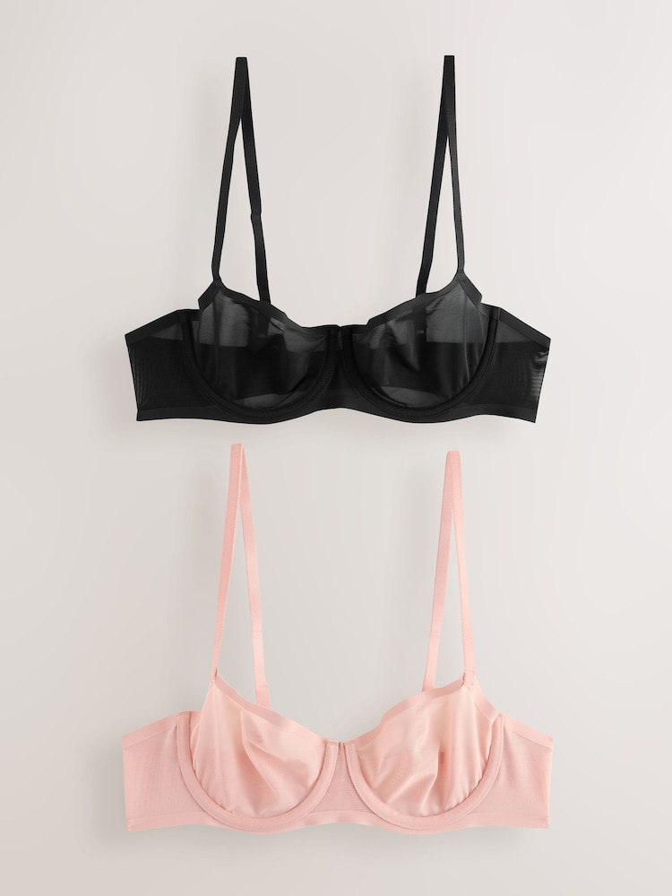 Black/Pink Non Pad Balcony Invisible Bonded Mesh 2 Pack Bra - Image 1 of 9