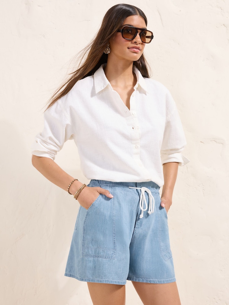 Friends Like These Light Wash Chambray Rope Tie Waist Shorts - Image 1 of 5