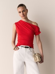 Red Asymmetric Sleeveless Drape Top - Image 3 of 8