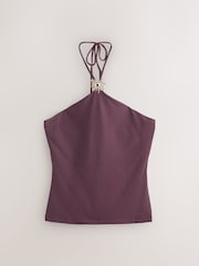 Wine Soft Touch Slinky Sleeveless Halter Neck Hardware Top - Image 5 of 7