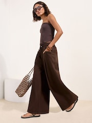 Friends Like These Chocolate Brown Petite Shirred Tie Waist Wide Leg Trousers - Image 4 of 5