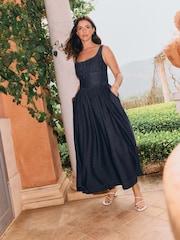 Friends Like These X Lucy Mecklenburgh Rinse Wash Petite Gathered Waist Denim Midi Dress - Image 2 of 3