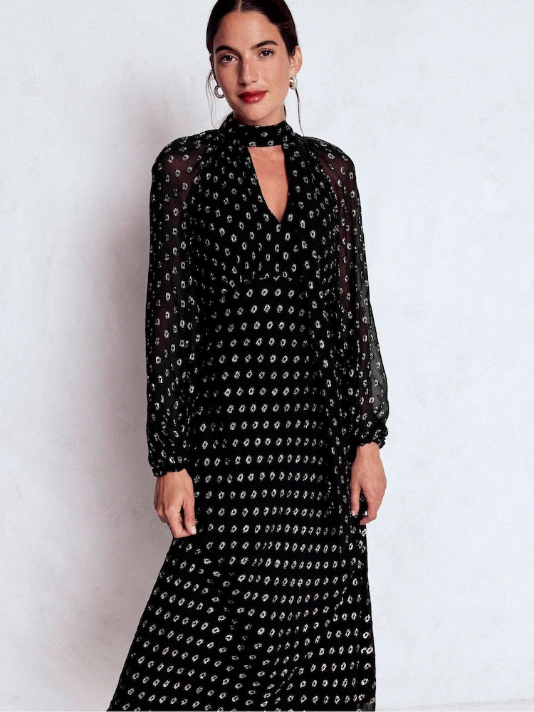 Boden Black Tie Neck Midi Dress - Image 2 of 2 Boden Black Tie Neck Midi Dress - Image 2 of 2