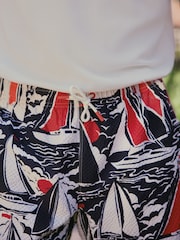Navy Blue Boat Print Textured Swim Shorts - Image 5 of 10
