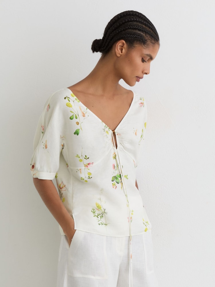 Reiss Ivory Quinny Linen-Blend Floral-Print Top - Image 1 of 6