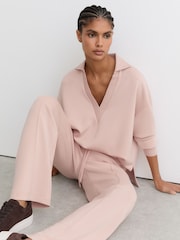 Reiss Pink Bernie Premium Interlock Open-Collar Sweatshirt - Image 1 of 7