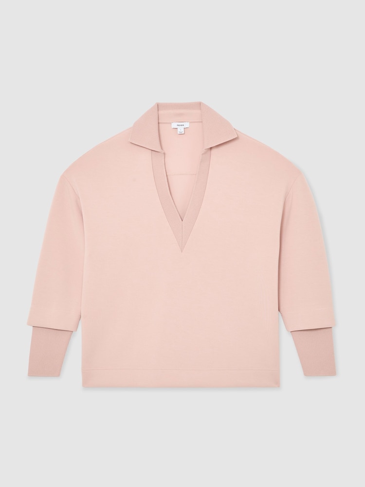 Reiss Pink Bernie Premium Interlock Open-Collar Sweatshirt - Image 2 of 7