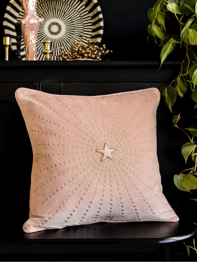 Rockett St George Pink Embroidered Starburst Cotton Velvet Cushion - Image 1 of 3