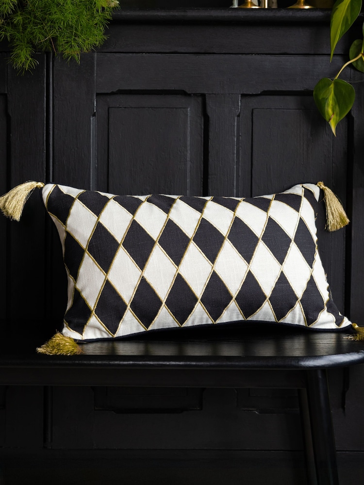 Rockett St George Black Harlequin Cotton Velvet Cushion - Image 1 of 5