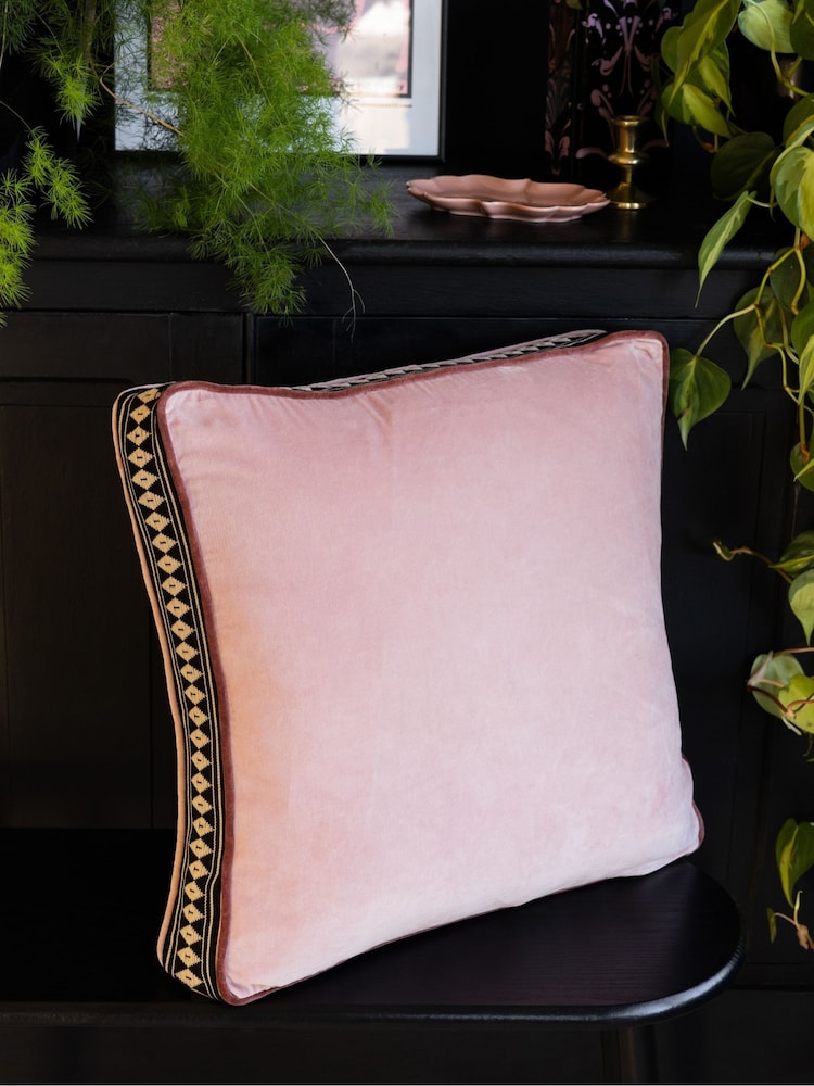 Rockett St George Pink Embroidered Edge Cotton Velvet Box Cushion - Image 1 of 4
