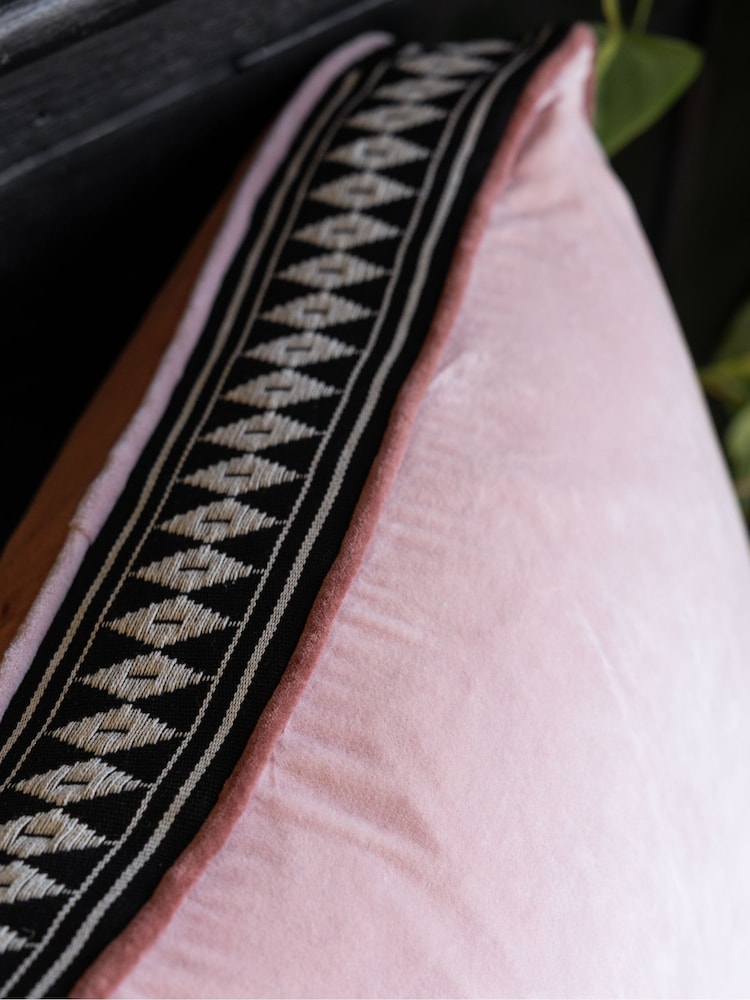 Rockett St George Pink Embroidered Edge Cotton Velvet Box Cushion - Image 4 of 4
