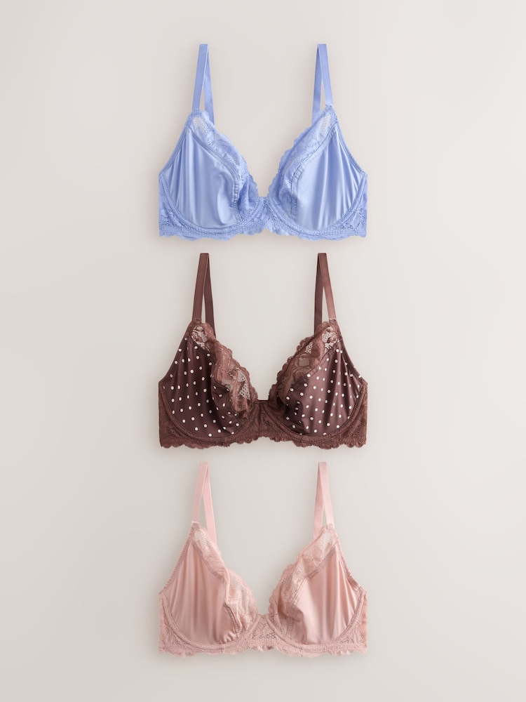 Chocolate Spot/Pink/Blue DD+ Non Padded Plunge Bras 3 Pack - Image 1 of 11 Chocolate Spot/Pink/Blue DD+ Non Padded Plunge Bras 3 Pack - Image 1 of 11