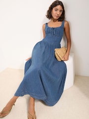 Friends Like These X Lucy Mecklenburgh Mid Blue Gathered Waist Denim Midi Dress - Image 1 of 4