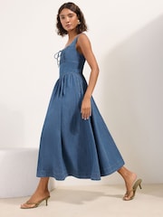 Friends Like These X Lucy Mecklenburgh Mid Blue Gathered Waist Denim Midi Dress - Image 3 of 4