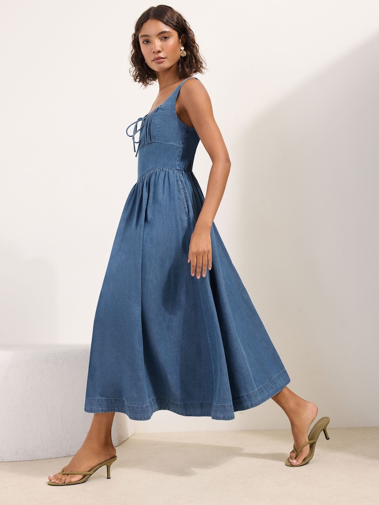 blue dress mid length Blue Floral Short Sleeve Midi Dress - All Dresses