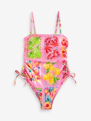Never Fully Dressed Pink Fruit Tummy Control Strappy Bandeau Swimsuit with Ruched Side Detailing - Image 6 of 9