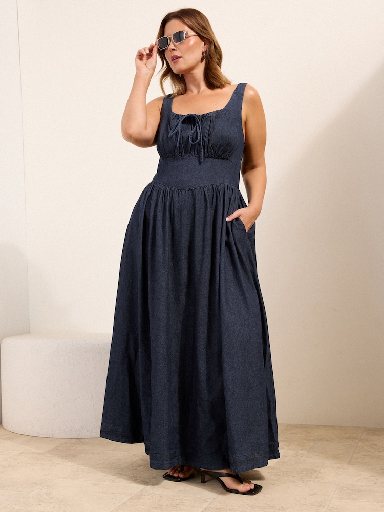 Friends Like These X Lucy Mecklenburgh Rinse Wash Curve Gathered Waist Denim Midi Dress - Image 1 of 4 Friends Like These X Lucy Mecklenburgh Rinse Wash Curve Gathered Waist Denim Midi Dress - Image 1 of 4