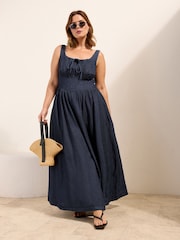 Friends Like These X Lucy Mecklenburgh Rinse Wash Curve Gathered Waist Denim Midi Dress - Image 3 of 4