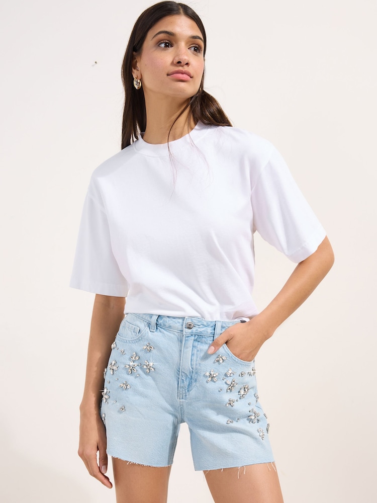 Friends Like These Bleach Wash Embellished A Line Denim Shorts - Image 1 of 4