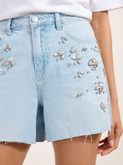 Friends Like These Bleach Wash Embellished A Line Denim Shorts - Image 2 of 4