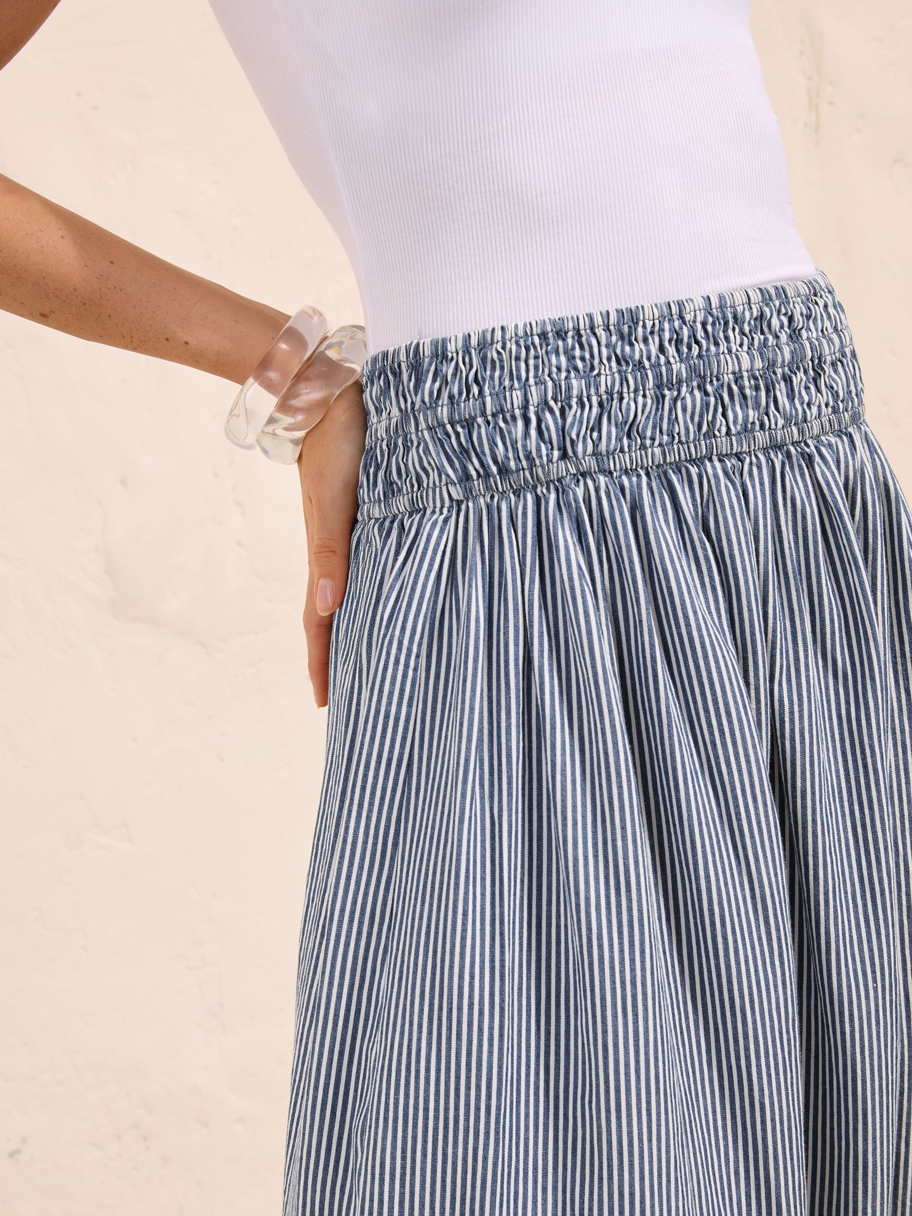 Buy Friends Like These Blue Stripe Shirred Waist Cotton Maxi Skirt