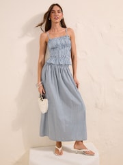 Friends Like These X Lucy Mecklenburgh Blue Stripe Shirred Cotton Strap Top - Image 3 of 5