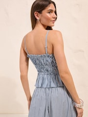 Friends Like These X Lucy Mecklenburgh Blue Stripe Shirred Cotton Strap Top - Image 5 of 5