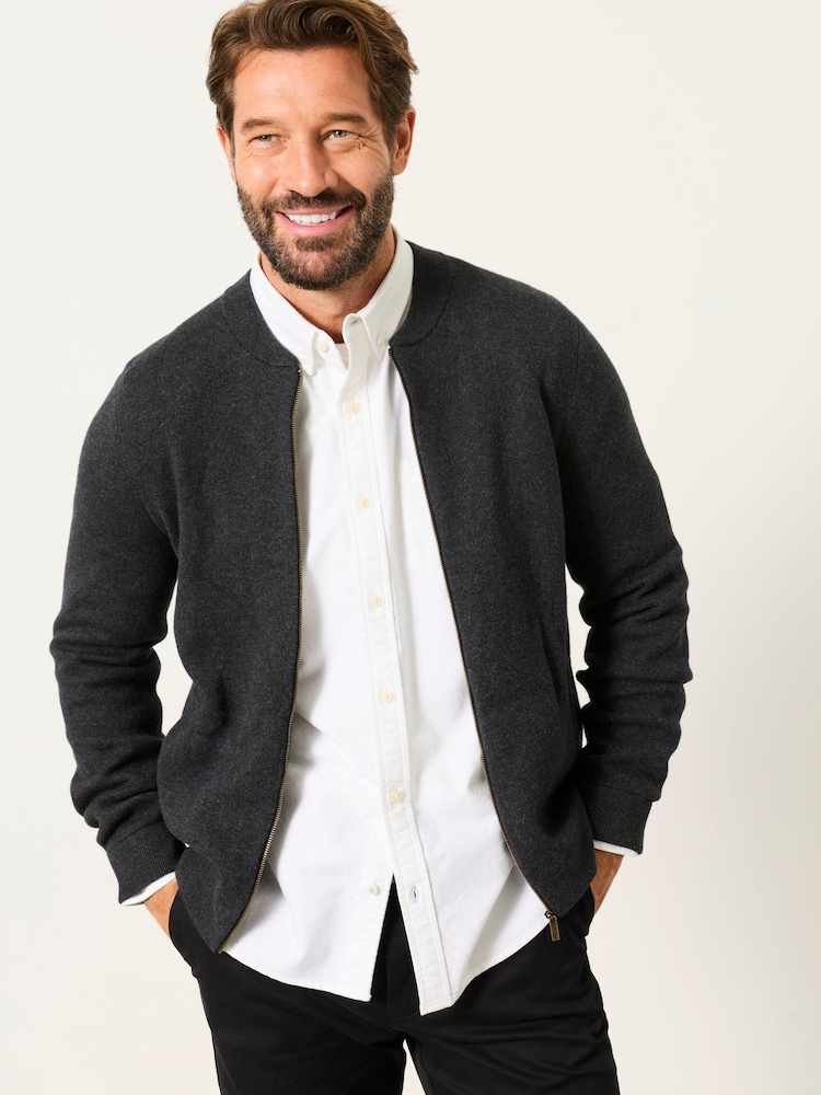FatFace Ashurst Charcoal Grey Knitted Zip Front Bomber Jacket - Image 1 of 5