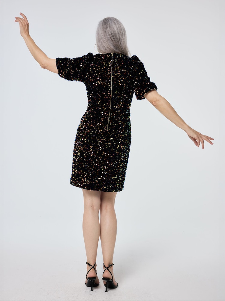 SCAMP & DUDE Black Puff Sleeve Short Dress Rainbow Sequin - Image 2 of 4 SCAMP & DUDE Black Puff Sleeve Short Dress Rainbow Sequin - Image 2 of 4