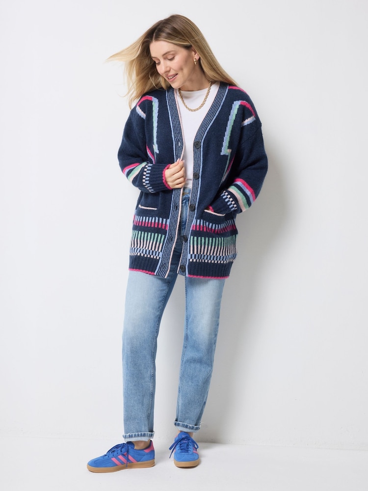 SCAMP & DUDE Blue Longline Cardigan with Rainbow Statement Bolt - Image 1 of 5 SCAMP & DUDE Blue Longline Cardigan with Rainbow Statement Bolt - Image 1 of 5